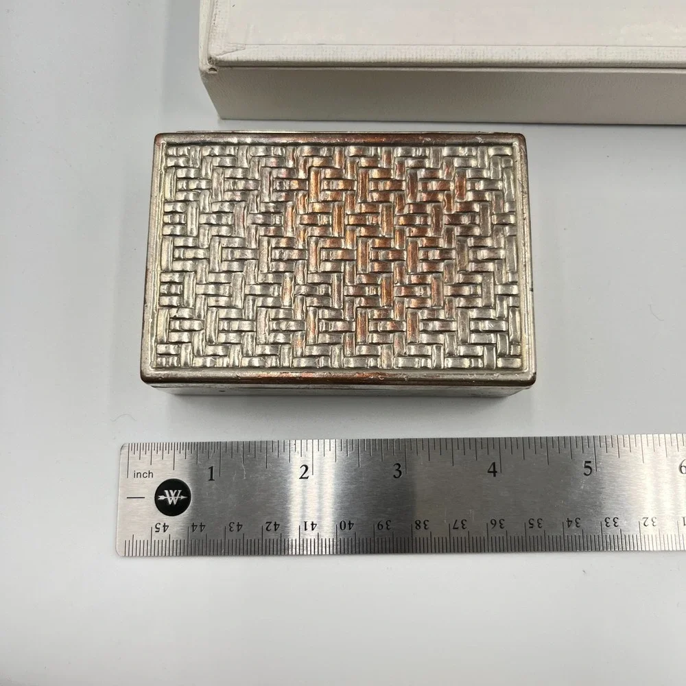 Vintage Basketweave Silver Tone Trinket Jewelry Box Retro Textured Metal Case