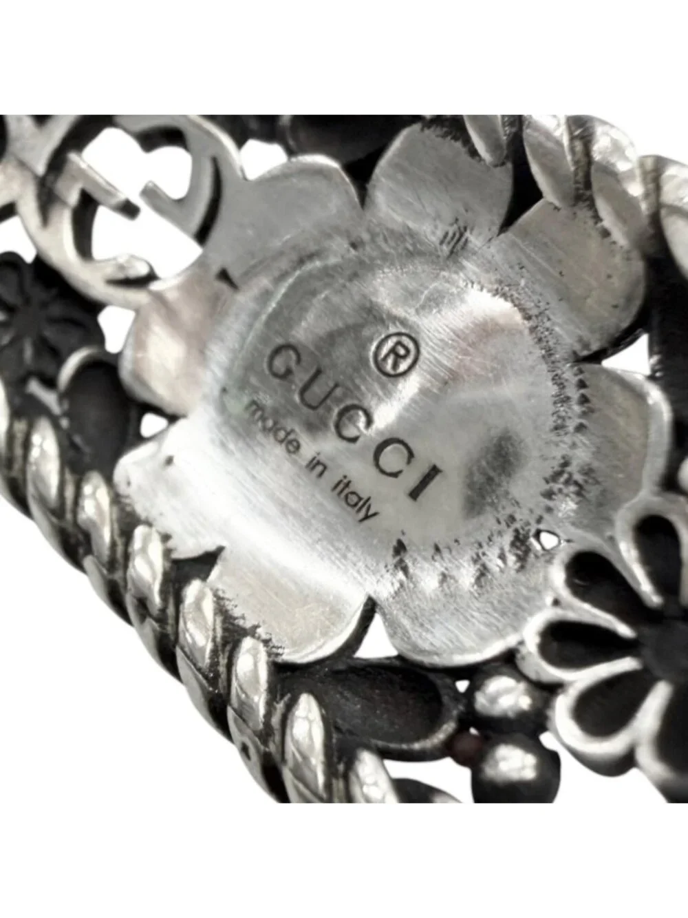 Gucci Rhinestone Crystal Floral Interlocking Bangle Silver Green 16 Bracelet