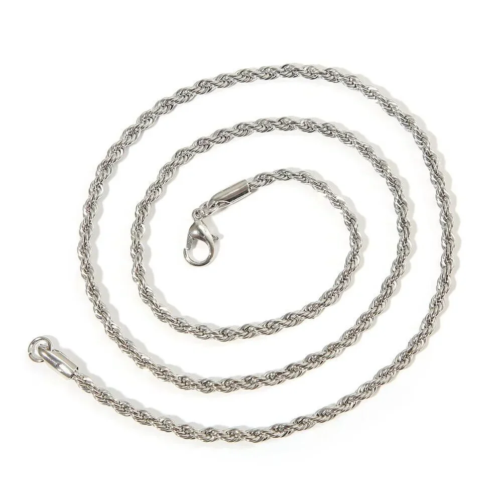 Men Ropes Long Silver Stainless Steel Minimalist Twist Rope Chain Necklace